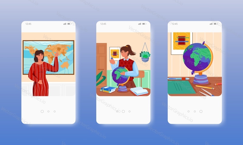 Geography teacher, map, globe, classroom interior. School subject, education. Mobile app screens. Vector banner template for website and mobile development. Web site and UI design illustration.
