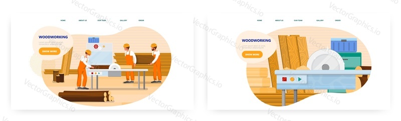 Woodworking landing page design, website banner template set, flat vector illustration. Woodworker making furniture from wood. Joinery. Carpentry workshop.