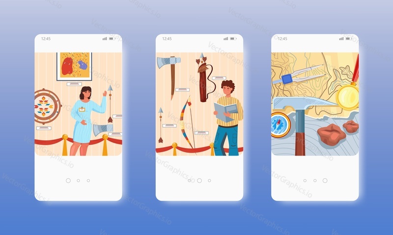 Natural history museum exposition. Ethnographer, guide conducting museum tour. Mobile app screens. Vector banner template for website and mobile development. Web site and UI design illustration.