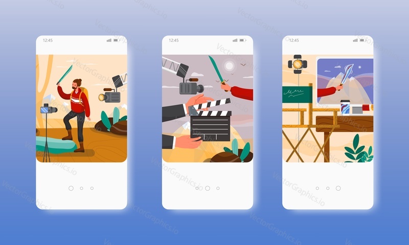 Chroma key filming. Green screen room. Chroma key studio. Movie production. Mobile app screens. Vector banner template for website and mobile development. Web site and UI design illustration.
