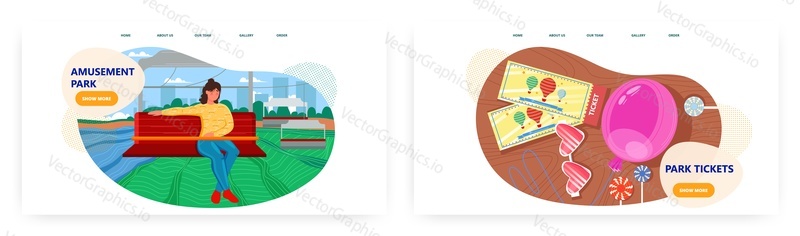 Amusement park landing page design, website banner template set, flat vector illustration. Carnival, funfair. Entrance tickets, balloons, lollipops.