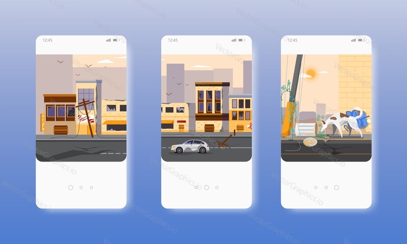Abandoned city buildings, hungry dog roaming deserted streets. War zone, disaster. Mobile app screens. Vector banner template for website and mobile development. Web site and UI design illustration.
