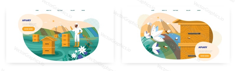 Apiary landing page design, website banner template set, flat vector illustration. Apiary farm. Healthy organic honey production. Beekeeping. Apiculture.