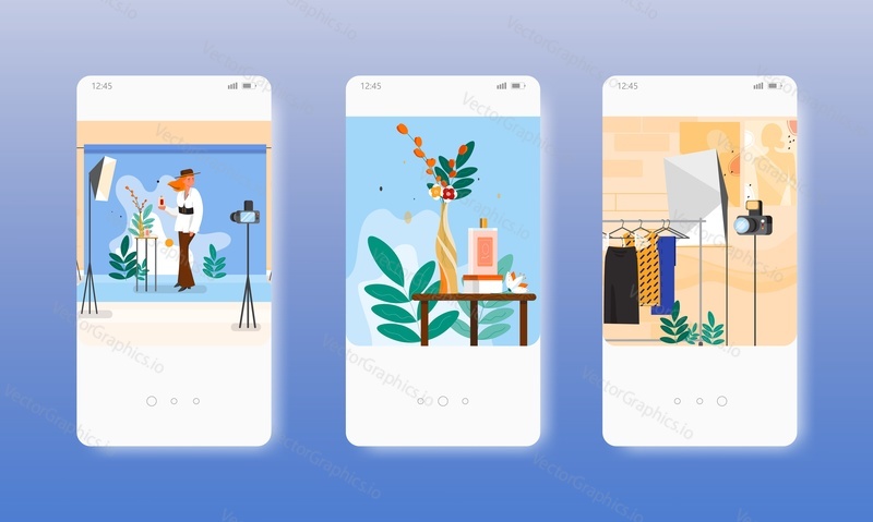 Commercial photography of perfume bottle and clothes. Mobile app screens. Vector banner template for website and mobile development. Web site and UI design illustration.