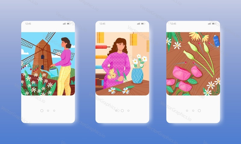 Woman florist designer growing flowers, making floral bouquet, flower arrangement. Mobile app screens. Vector banner template for website and mobile development. Web site and UI design illustration.