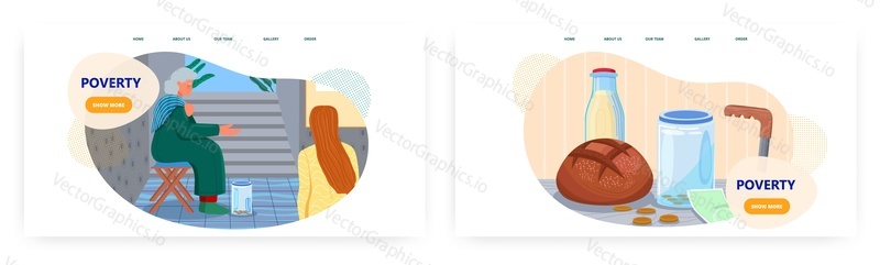 Poverty landing page design, website banner template set, flat vector illustration. Senior poor woman begging sitting on chair with outstretched hands. Street beggar.
