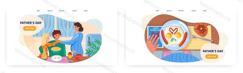 Fathers day landing page design, website banner template set, flat vector illustration. Happy father having breakfast with his daughter and pregnant wife. Fatherhood.