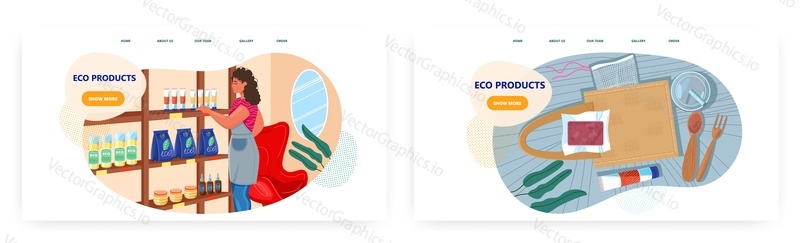 Eco friendly products landing page design, website banner template set, flat vector illustration. Natural cosmetic, organic food, paper or textile shopping bag, wood cutlery spoon and fork. Eco shop.