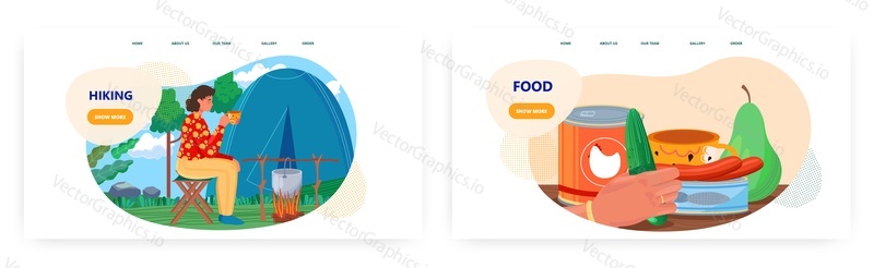Hiking landing page design, website banner template set, flat vector illustration. Tourist camp. Woman hiker cooking food on campfire. Trekking adventures, summer camping, hiking tour.