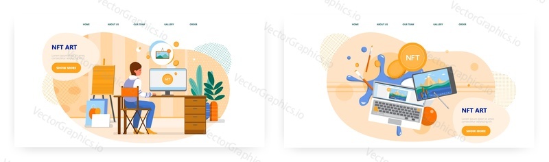 NFT art landing page design, website banner template set, flat vector illustration. NFT artist creating crypto art. Blockchain non-fungible token.