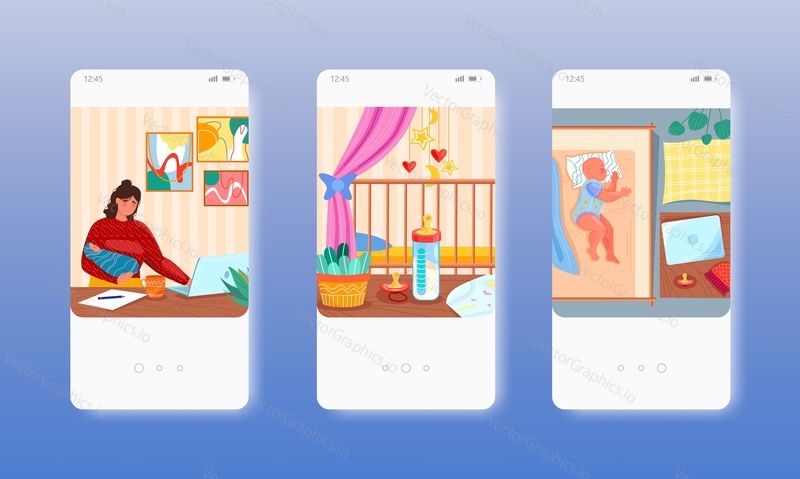 Single mother working on computer with newborn baby in arms. Single parent family. Mobile app screens. Vector banner template for website and mobile development. Web site and UI design illustration.