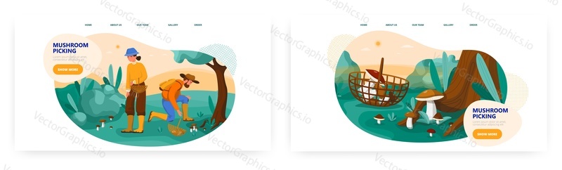 Mushroom picking landing page design, website banner template set, flat vector illustration. Couple taking rest outdoors gathering mushrooms in forest. Autumn activity, hobby.