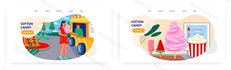 Cotton candy cart landing page design, website banner template set, flat vector illustration. Popcorn, ice cream, frozen juice. Food truck business.
