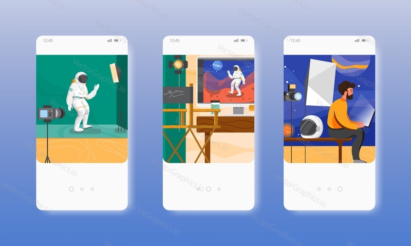 Chroma key studio. Green screen technology. Space movie production. Mobile app screens. Vector banner template for website and mobile development. Web site and UI design illustration.
