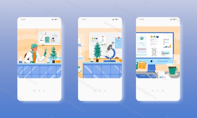 Hemp lab. Scientist studying cannabis, testing cbd hemp oil. Marijuana research. Mobile app screens. Vector banner template for website and mobile development. Web site and UI design illustration.