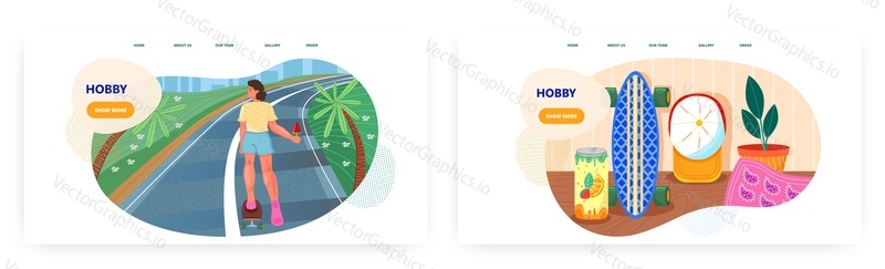 Hobby landing page design, website banner template set, flat vector illustration. Young woman riding skateboard on the road. Hobbies and leisure, sport activity, active lifestyle.