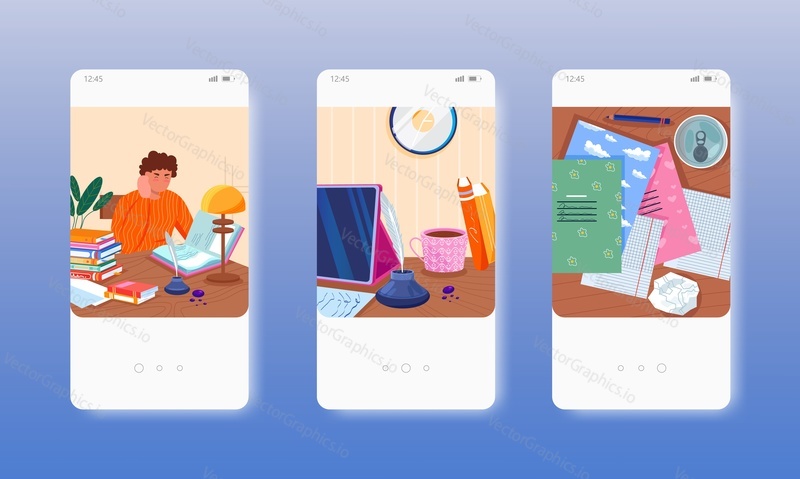 Writer, journalist, student working, writing, studying sitting at desk. Mobile app screens. Vector banner template for website and mobile development. Web site and UI design illustration.
