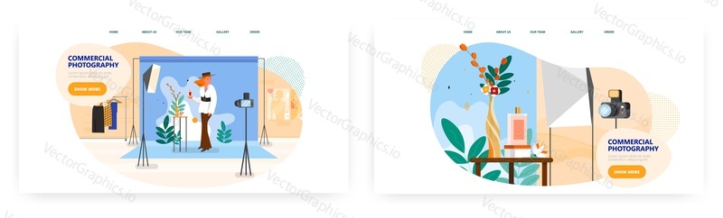 Commercial photography landing page design, website banner template set, flat vector illustration. Perfume product bottle shooting with professional camera for commercial use.