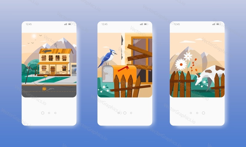 Abandoned country house building with boarded up windows, broken glasses and fence. Mobile app screens. Vector banner template for website and mobile development. Web site and UI design illustration.
