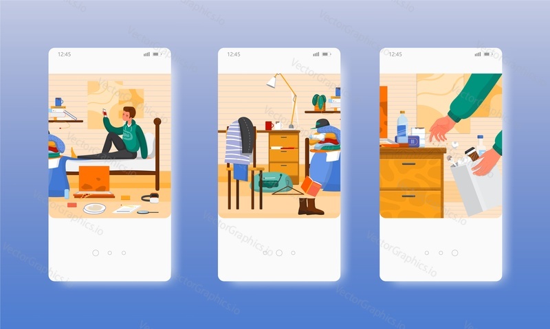 Messy and clean students room. College dorm room, apartment bedroom before and after cleaning. Mobile app screens. Vector banner template for website and mobile development. Web site and UI design.