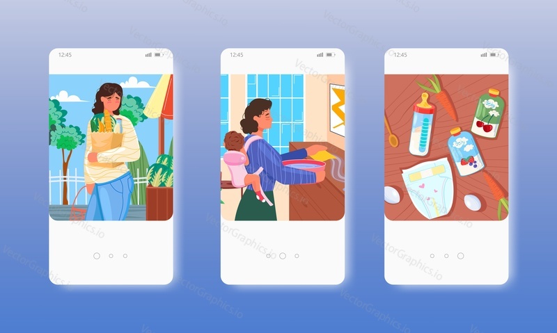 Single mom doing housework with baby in carry bag. Pregnant woman shopping alone. Mobile app screens. Vector banner template for website and mobile development. Web site and UI design illustration.