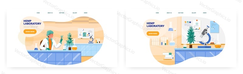 Hemp laboratory landing page design, website banner template set, flat vector illustration. Scientist studying cannabis, testing cbd hemp oil. Medical marijuana research. Pharmacy industry.