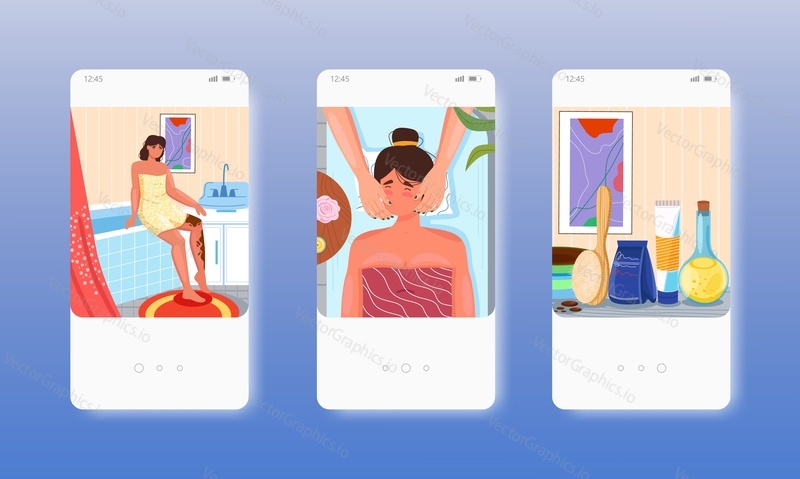 Scrubbing, anti cellulite treatment, skin care cosmetic procedure. Coffee body scrub. Mobile app screens. Vector banner template for website and mobile development. Web site and UI design illustration