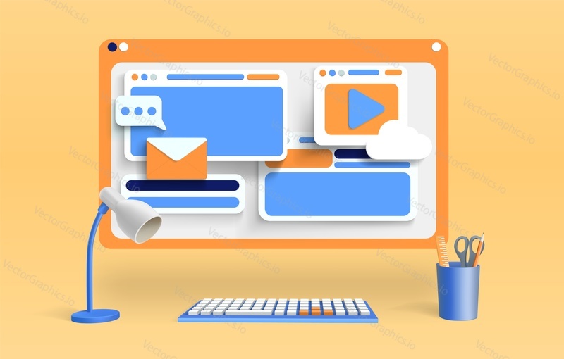 Computer screen with web windows, social media and digital communication symbols. 3d render vector illustration. Office desk render, computer, keyboard, lamp. Online search.