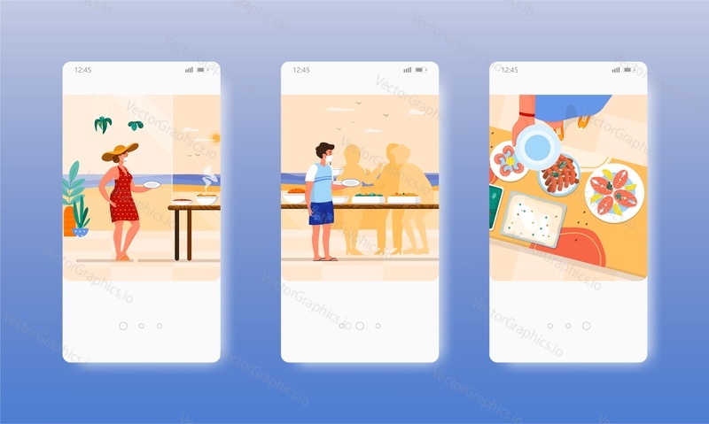 Buffet breakfast. Hotel, resort restaurant catering business. Mobile app screens. Vector banner template for website and mobile development. Web site and UI design illustration.