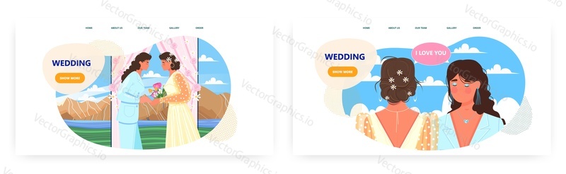 Wedding landing page design, website banner template set, flat vector illustration. Young woman talking to herself, bride in wedding dress.