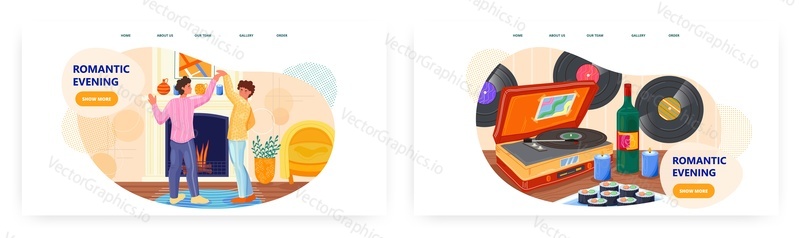 Romantic evening landing page design, website banner template set, flat vector illustration. Happy couple drinking wine, eating sushi, dancing to music by the fireplace. Romantic date at home.