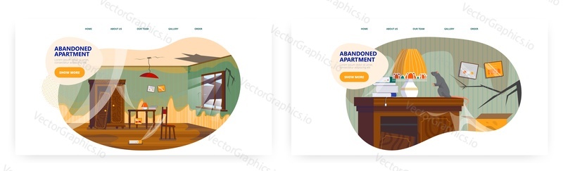 Abandoned apartment landing page design, website banner template set, flat vector illustration. Empty dirty living room with broken window, cracked wall, garbage on floor, rat. Abandoned property.