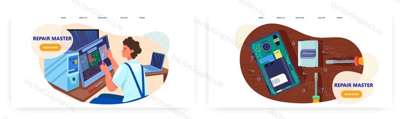 Repair master landing page design, website banner template set, flat vector illustration. Troubleshooting. Computer service and repair.