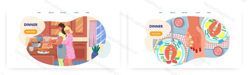 Dinner landing page design, website banner template set, flat vector illustration. Happy daughter hugging her mom cooking dinner in kitchen. Happy family. Parent and child relationship.