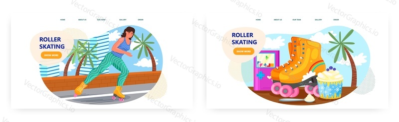 Roller skating landing page design, website banner template set, flat vector illustration. Girl roller skating in park. Summer sport outdoor activities.