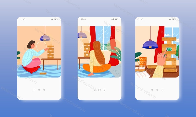 Woman playing jenga board game, sitting on the floor. Home leisure activity. Mobile app screens. Vector banner template for website and mobile development. Web site and UI design illustration.