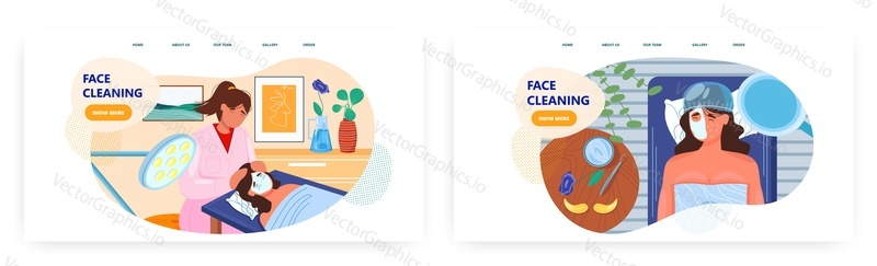 Face cleaning landing page design, website banner template set, flat vector illustration. Cosmetologist applying mask on female face. Facial cleansing procedure. Spa and beauty treatment, skin care.