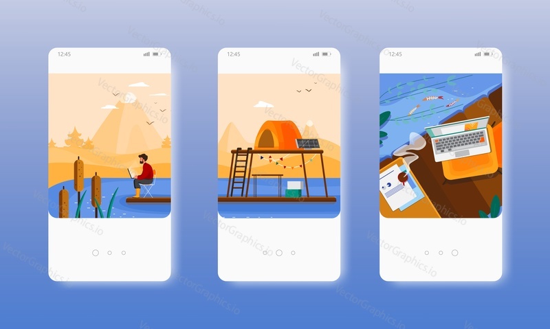 Social isolation. Hipster man living alone in nature. Lack of social contacts. Mobile app screens. Vector banner template for website and mobile development. Web site and UI design illustration.