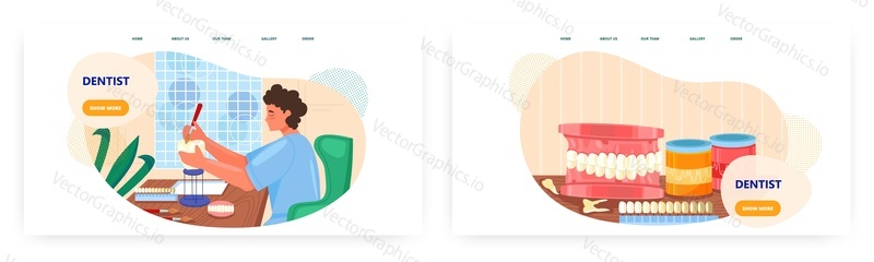 Dentist landing page design, website banner template set, flat vector illustration. Dentures, dental prosthetics. Dentist profession, orthodontist services.