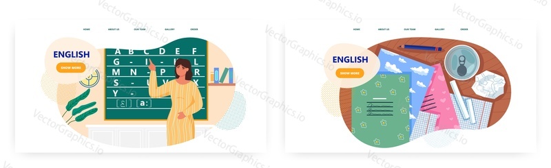 Angličtina lekce vstupní stránky design, webové stránky banner šablony set, plochý vektorový ilustrace. Učitelka ženské postavy učí anglickou abecedu. Profese, povolání. Škola.