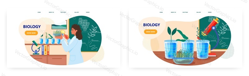 Biologie třída vstupní stránky design, webové stránky banner šablony set, ploché vektorové ilustrace. Učitel biologie provádějící vědecké experimenty s rostlinami ve třídě, laboratoři. Škola.