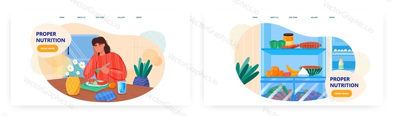 Správná výživa vstupní stránka design, webové stránky banner šablony set, plochý vektor ilustrace. Žena se těší vyváženou stravu. Zdravé stravování. Dobrý nutririon.