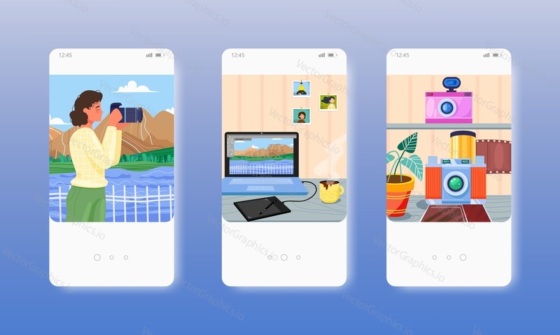 Woman photographer taking photo of nature with camera. Creative profession or hobby. Mobile app screens. Vector banner template for website and mobile development. Web site and UI design illustration.