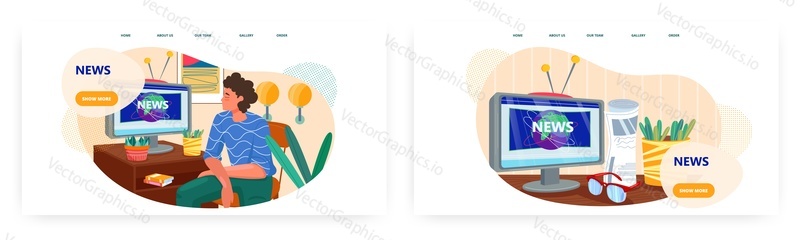 Návrh vstupní stránky Novinky, sada šablon webových stránek, ilustrace plochého vektoru. Muž sledování televizních zpráv on-line na stolním počítači. Vysílací média. Živý přenos.
