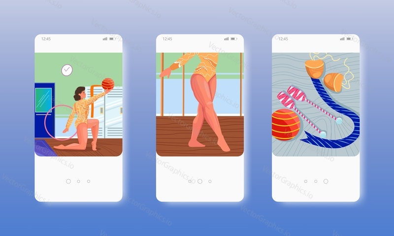 Rhythmic gymnastics performance. Girl gymnast dancing with ball. Mobile app screens. Vector banner template for website and mobile development. Web site and UI design illustration.