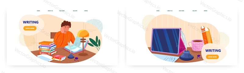 Psaní designu vstupní stránky, sada šablon webových stránek, ilustrace plochého vektoru. Student studuje, dělá psaní cvičení s brkem a inkoustem. Spisovatel, novinář pracující u stolu.