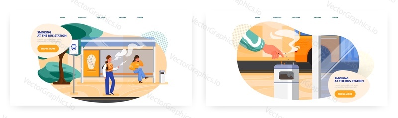 Девушка курит на автовокзале. Дизайн целевой страницы, набор шаблонов баннеров веб-сайта, плоская векторная иллюстрация. Курение на остановке общественного транспорта запрещено.