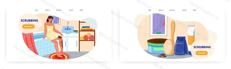 Čištění designu vstupní stránky, sada šablon webových stránek, ilustrace plochého vektoru. Káva tělový peeling, kartáč, anticelulitidní ošetření příslušenství. Péče o pleť kosmetický postup.