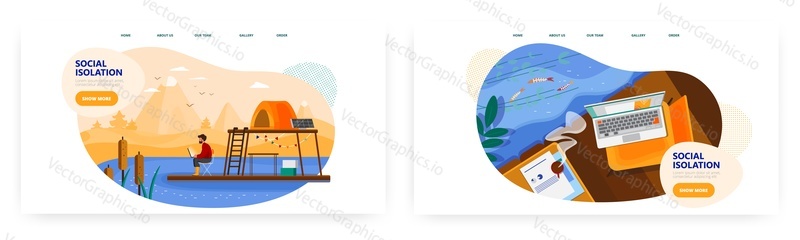 Social isolation landing page design, website banner template set, flat vector illustration. Hipster man living alone in nature. Lack of social contacts.