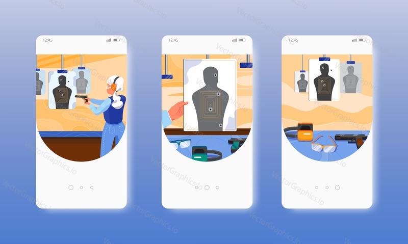 Shooting range. Woman aiming at target with gun. Range safety gear. Mobile app onboarding screens. Vector banner template for website and mobile development. Web site and UI design illustration.